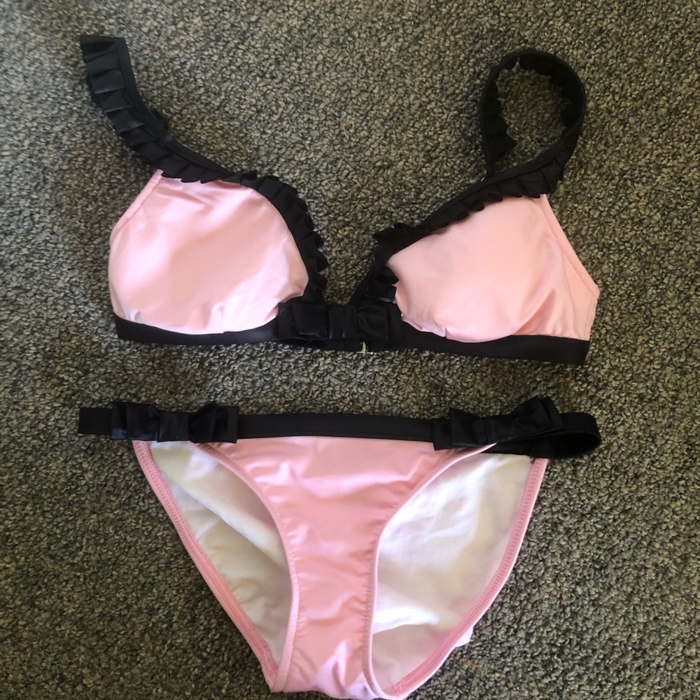 ABS Allen Schwartz Pink and Black Lingerie-esque Bikini 2/XS